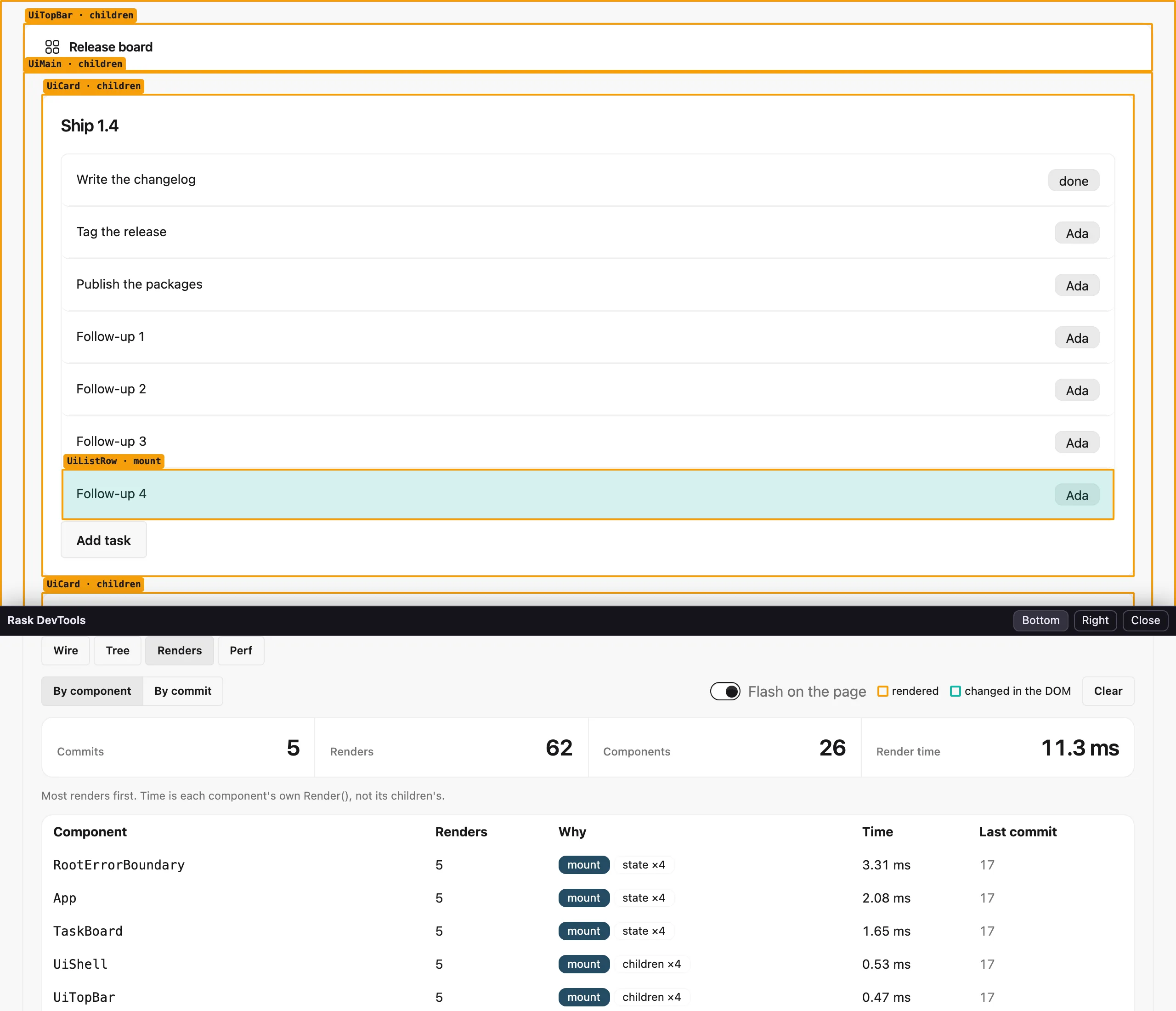 Adding a task with flashing on: amber outlines labelled with each component that rendered and why, and the new row filled teal where the page changed