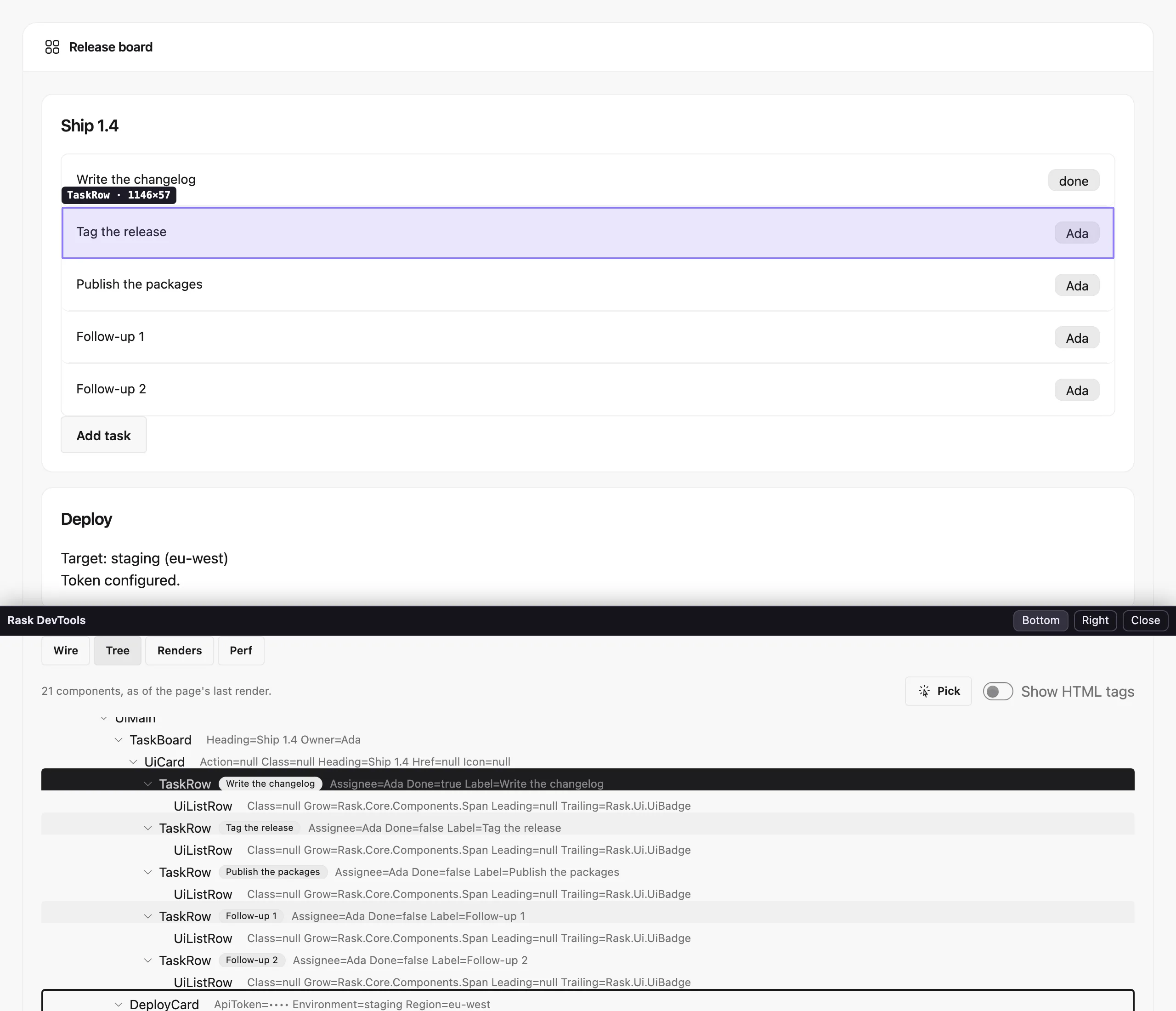Pointing at a TaskRow row in the Tree tab draws a labelled box around that row on the page