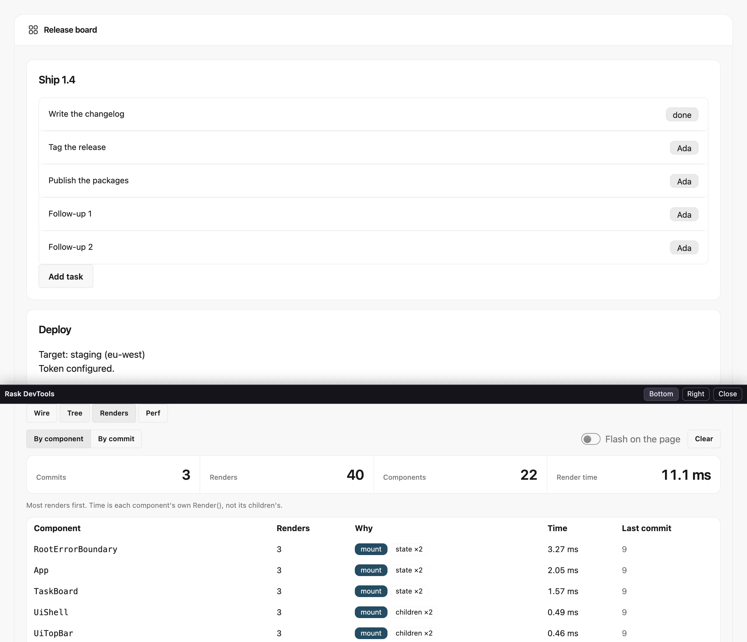 The Renders tab after two clicks, listing the task board and its rows with how often each rendered and why