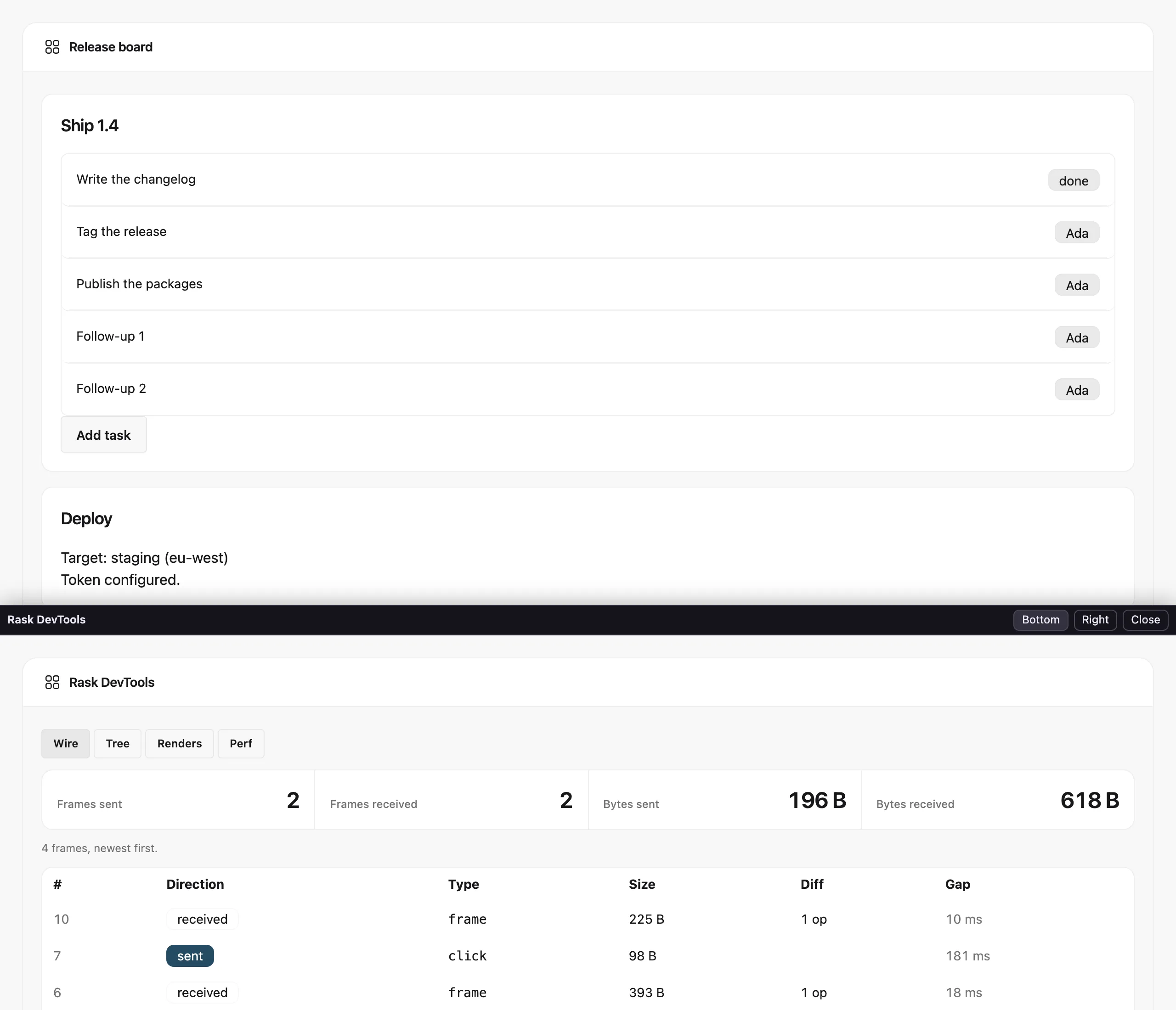 The Wire tab after two clicks: the click events the page sent and the render frames that came back